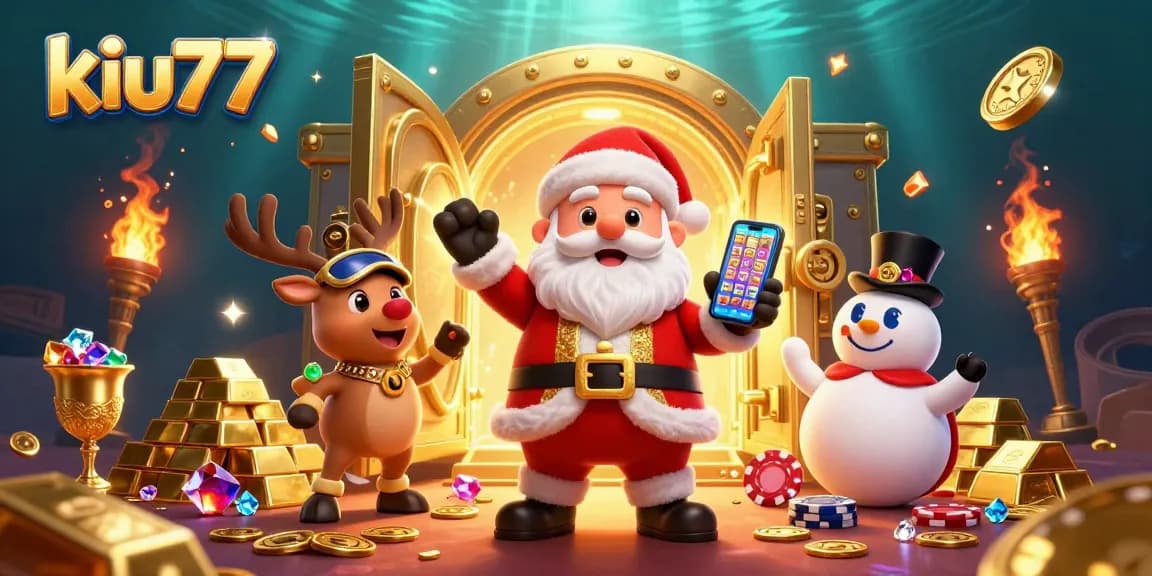 Kiu77 features a Santa holding a smartphone in a dazzling casino scene, perfect for festive gambling fun.