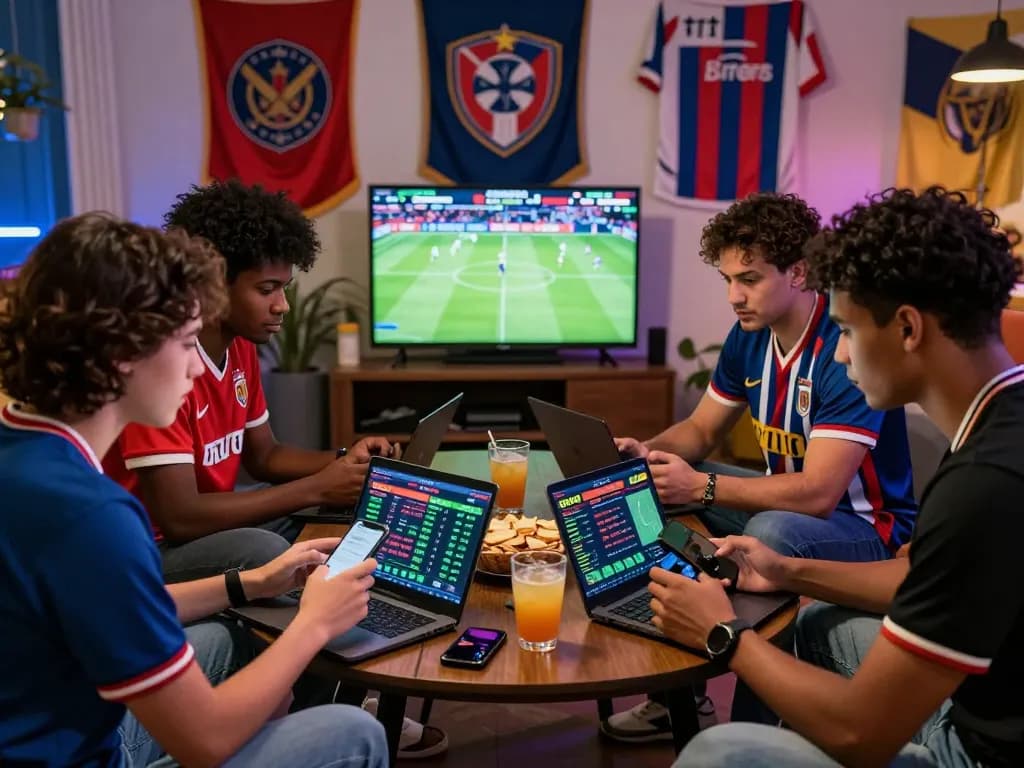 SBOBET88 betting scene with friends analyzing sports odds and predictions at home during live match.
