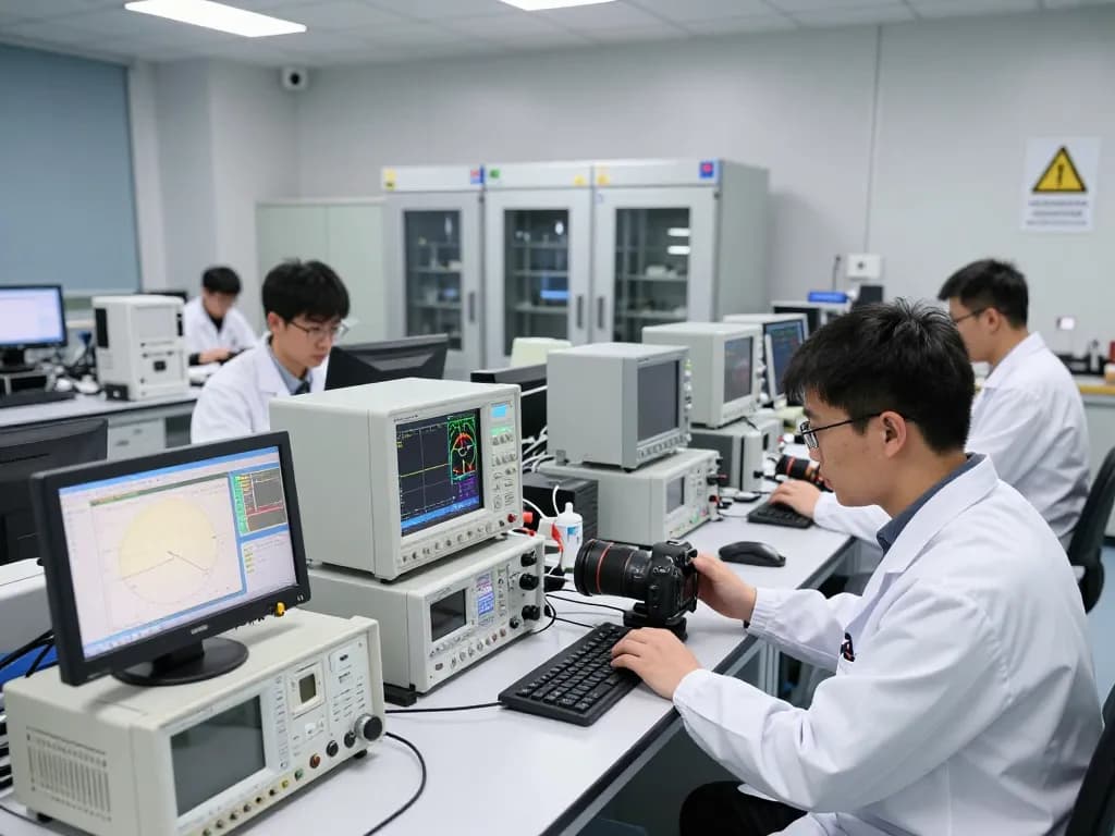 Engineers conducting FCC EMC testing in a high-tech lab for compliance.