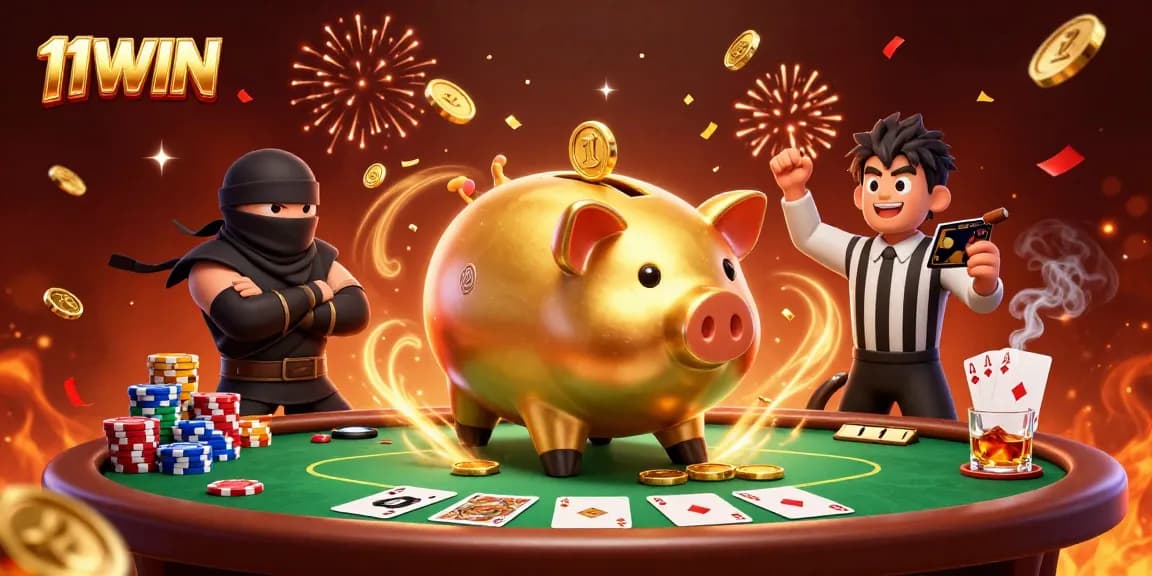 Engage in thrilling poker action with 11WIN's dynamic illustration featuring vibrant casino characters.