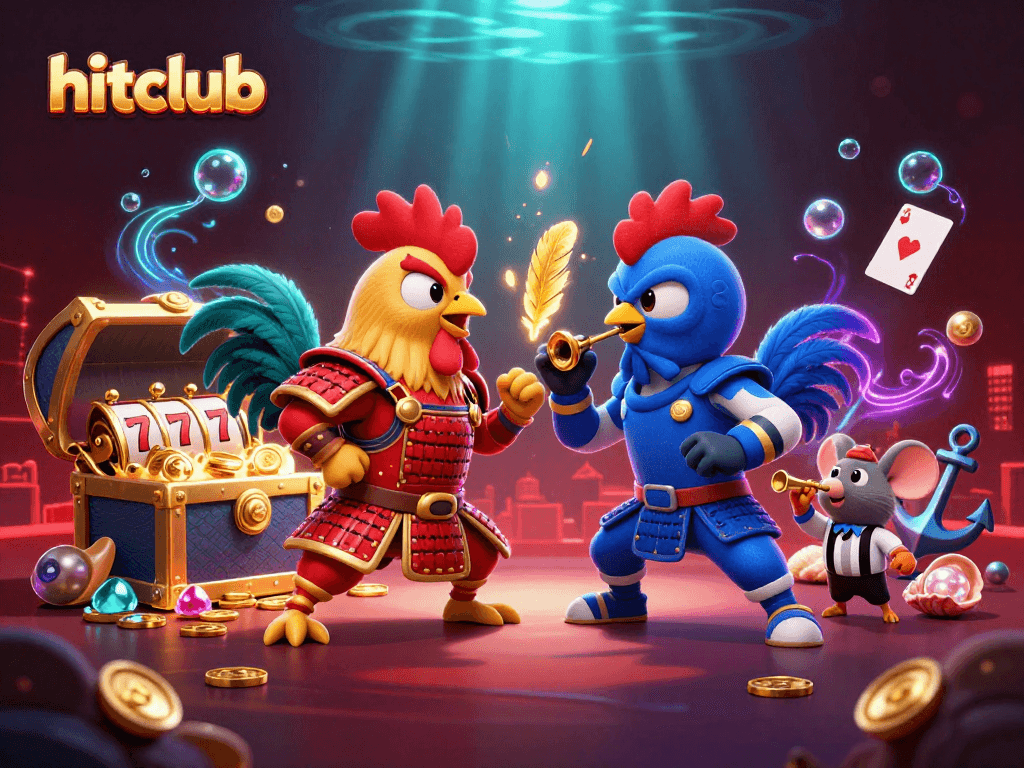 hitclub showcases cartoon rooster duel in a dynamic casino-themed underwater scene