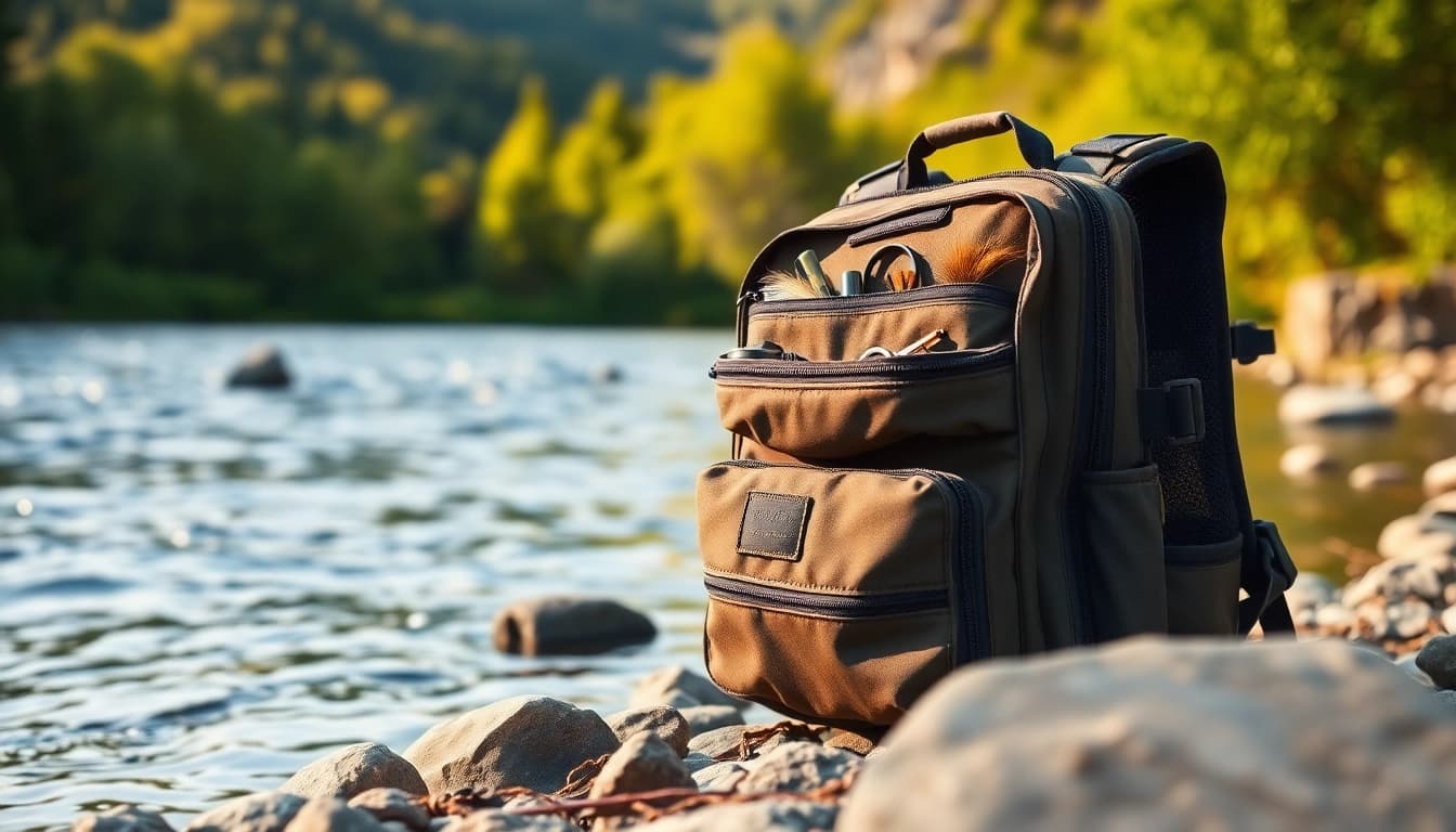 Man using a fly fishing chest pack while fishing by a river, showcasing its practical features.