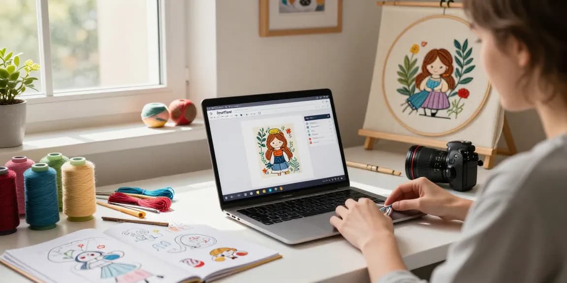 Transforming images into JEF files seamlessly with a png to jef converter in a cozy embroidery studio.