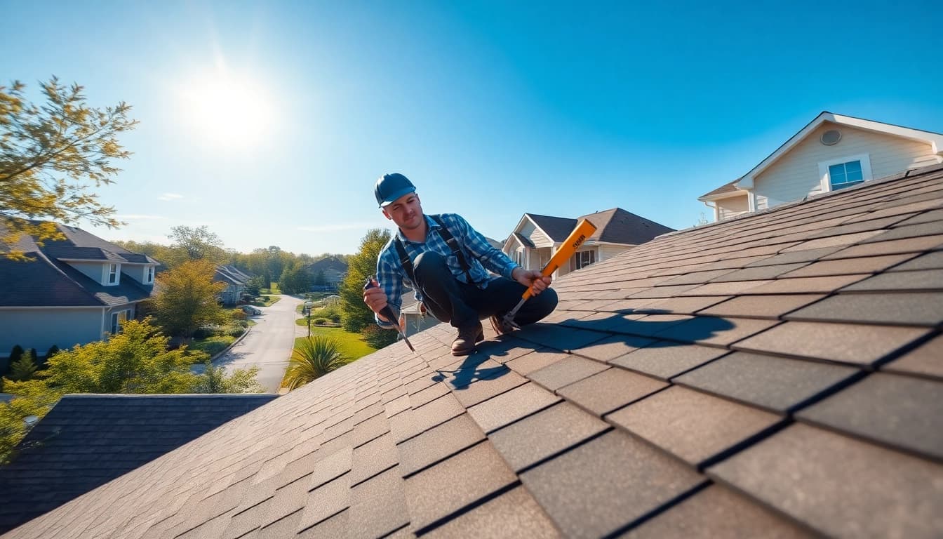Inspecting a roof in South Jersey with professional tools and vibrant neighborhood backdrop.