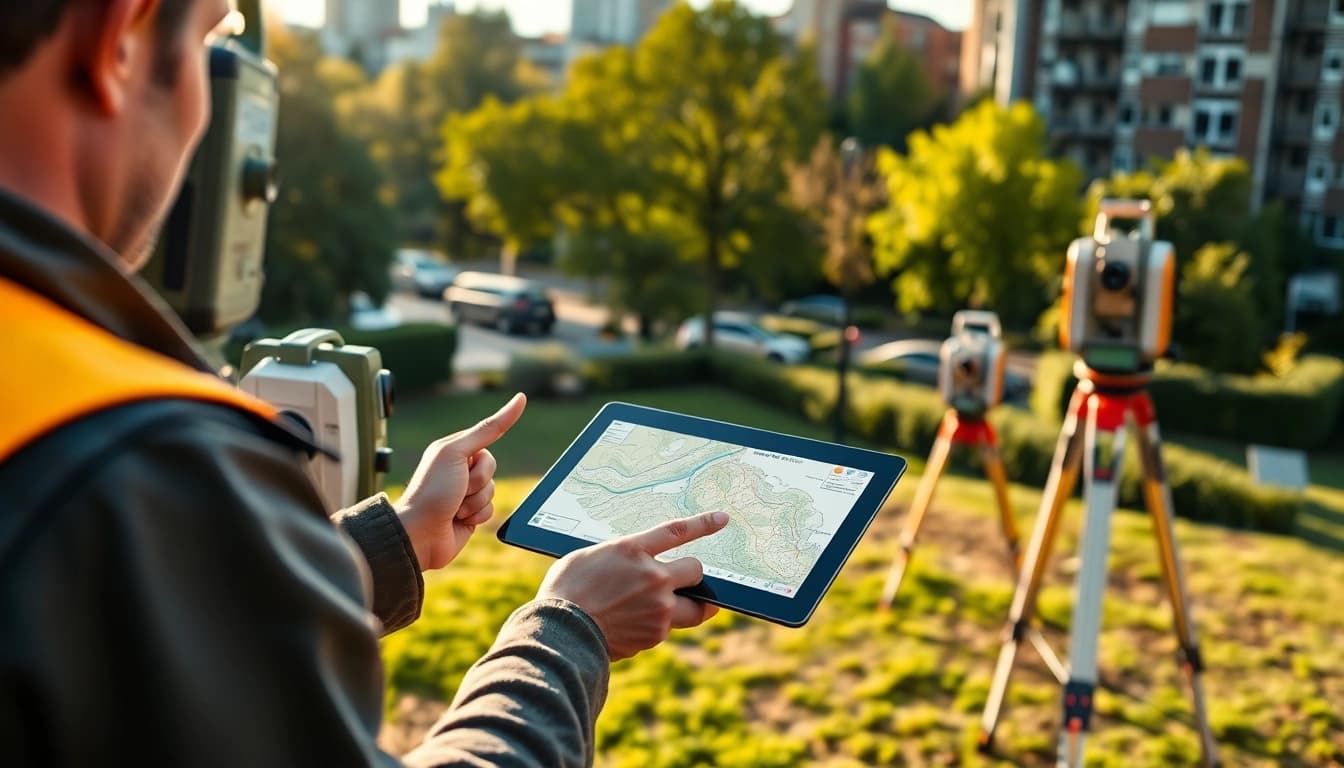 Topographical Surveyors london Surrey using advanced surveying technology in a professional setting.