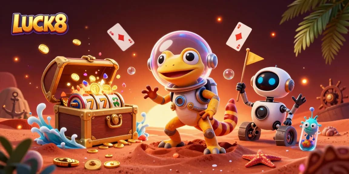 LUCK8 entertains players with a Martian gecko discovering a golden casino amid vibrant gaming elements.