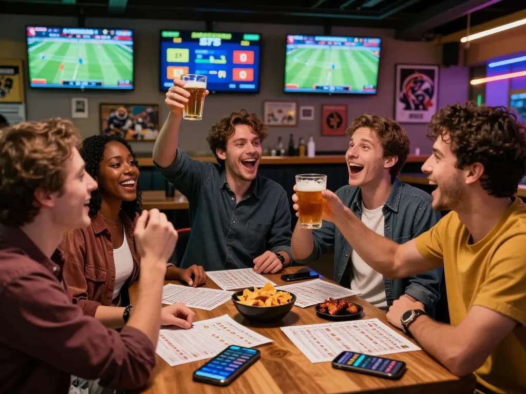Group celebrating a successful SBOBET bet at a modern sports bar, vibrant atmosphere with live sports screens and excitement.