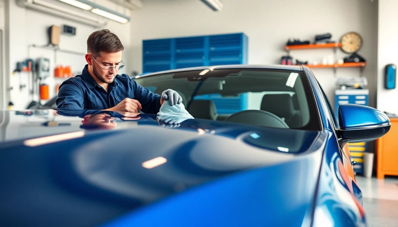 Applying winter car protection Chattanooga at a detail shop, showcasing a technician's expertise.