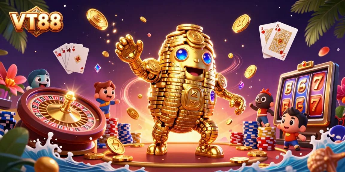 Experience VT88's captivating 3D casino scene with dazzling coins and enchanting game elements.