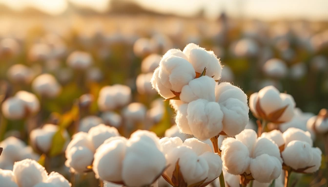 Katoen bollen in een zonovergoten katoenveld, zorgvuldig vastgelegd voor een serene uitstraling.