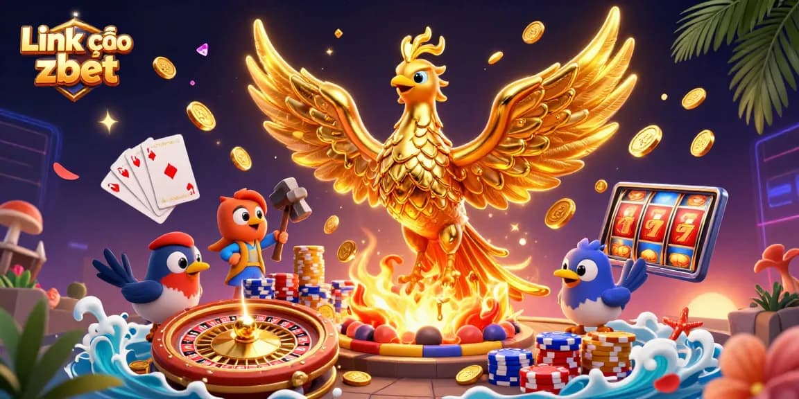 Experience thrilling wins at Link vào zbet with iconic golden phoenix soaring amidst vibrant casino elements.