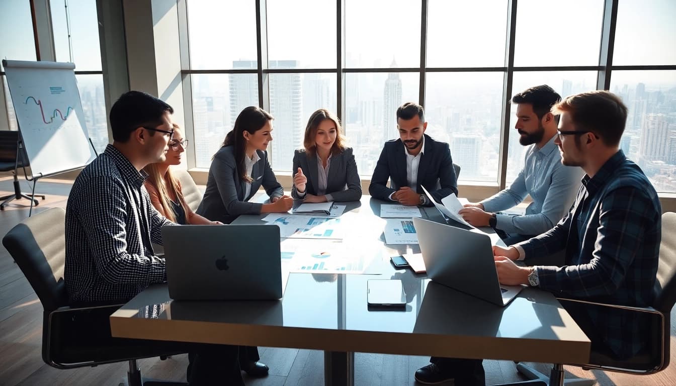 Engaged professionals discussing Acquisition Planning strategies in a modern office.
