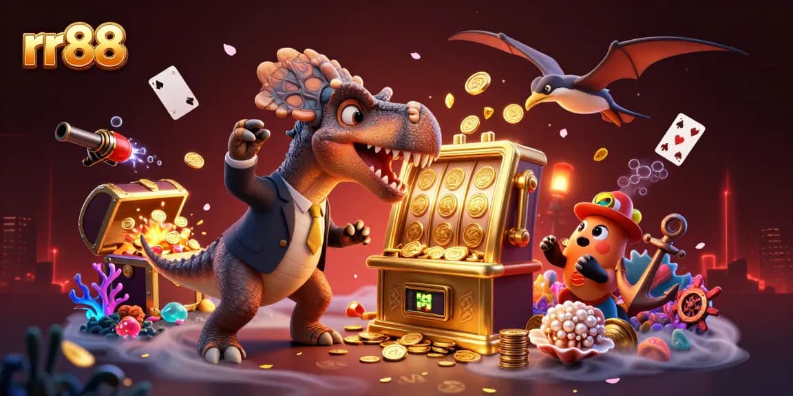 rr88 players experience jackpot wins with cartoon dinosaurs in a vibrant casino scene