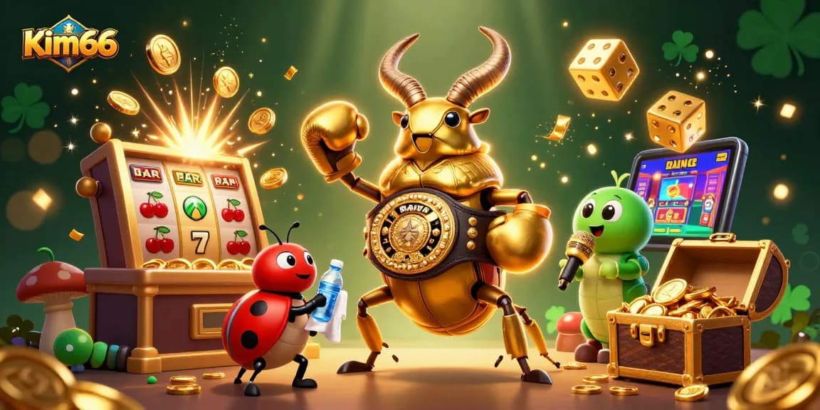 Experience thrilling gameplay at Kim66 with a vibrant 3D casino scene featuring dynamic characters and slot machines.