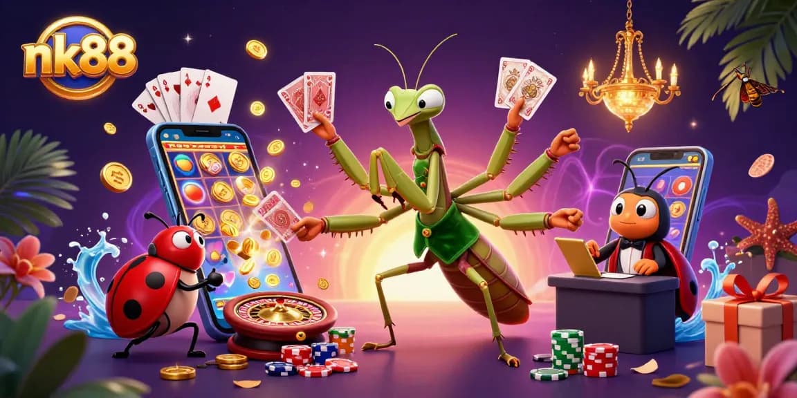 Experience winning moments at nk88 as a giant praying mantis dealer orchestrates a vibrant casino scene.