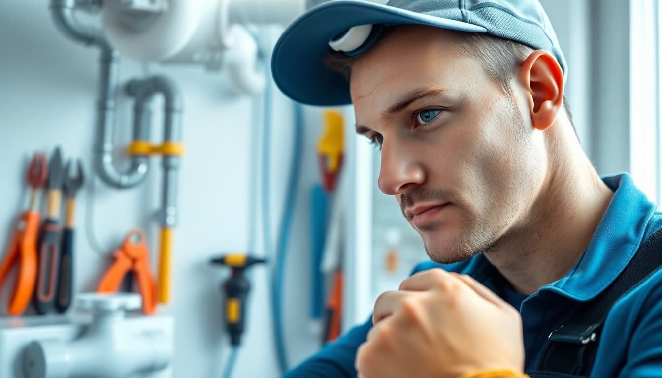 Experienced plumber near me inspecting pipes in a clean environment, showcasing professionalism.