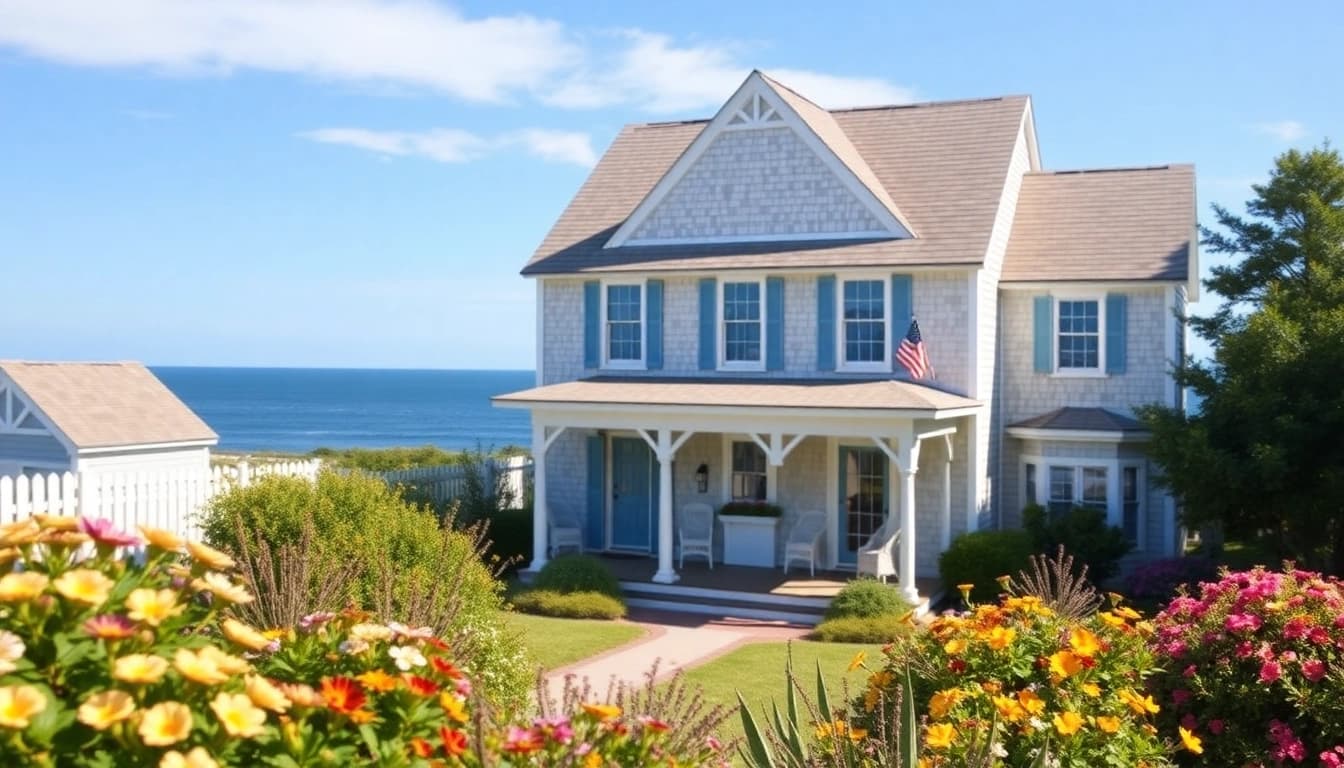 Beautiful view of cape cod homes with classic architecture and coastal landscaping.