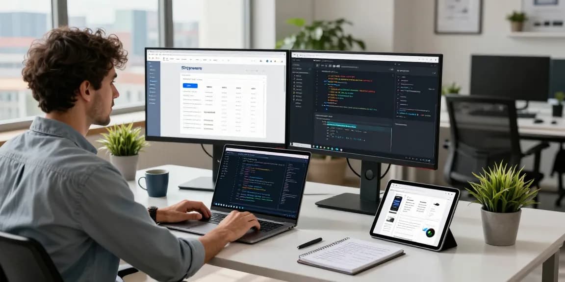 SP Webconsulting develops optimized e-commerce solutions in a modern workspace with coding tools and city views.