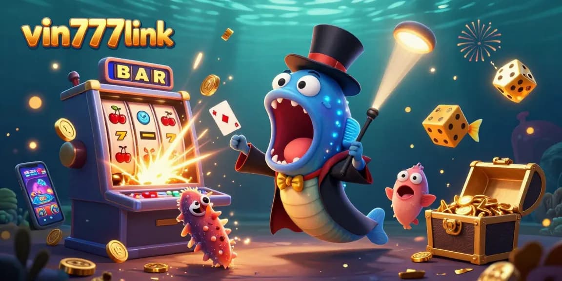 Engaging vin777link casino scene with animated characters, slot machines, and vibrant gaming action.