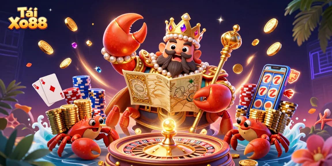 Spin into winning with Tải Xo88's vibrant gaming scene featuring a golden crab emperor and treasures.