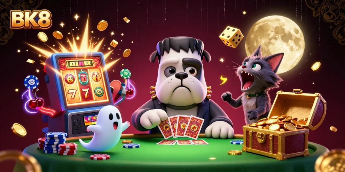 Engagement at BK8: A cartoon bulldog deals cards at a spooky casino with vibrant game elements.