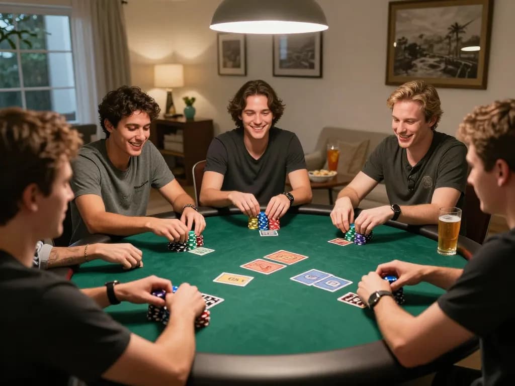 Các người chơi 12bet tham gia trò chơi poker sôi động tại nhà với chip và đồ uống, tạo ra không khí năng động