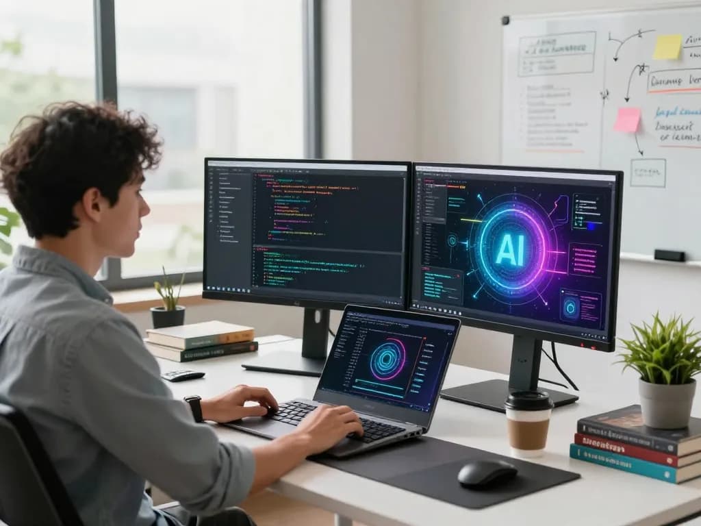 Engaged developer using mind control ai technology in a modern workspace.