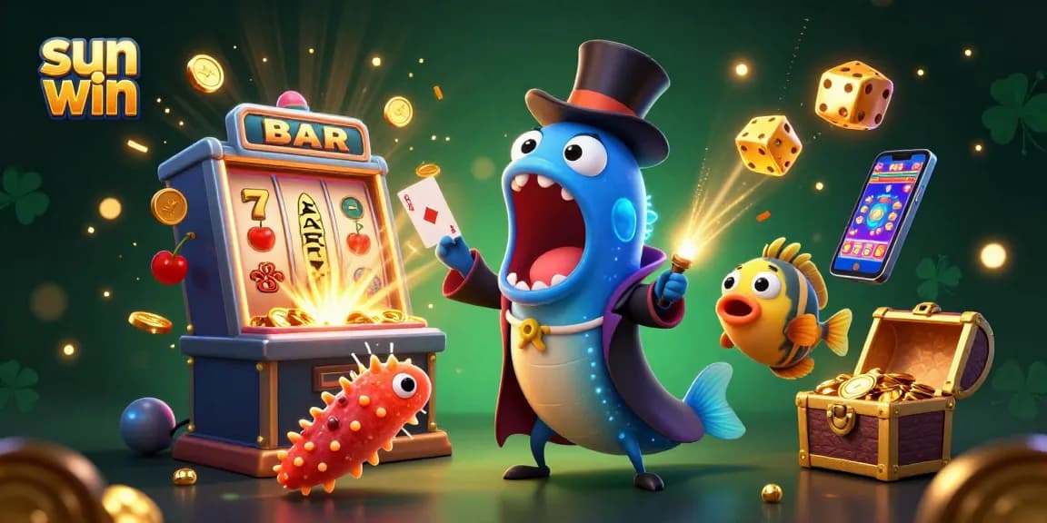 Join the excitement of sun win with a vibrant scene featuring unique casino characters and games.