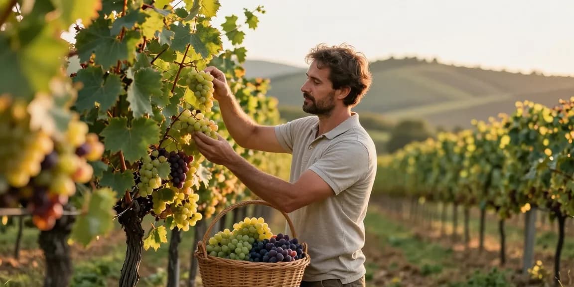 Chattoowines winemaker inspecting grapes at sunset in a vineyard.