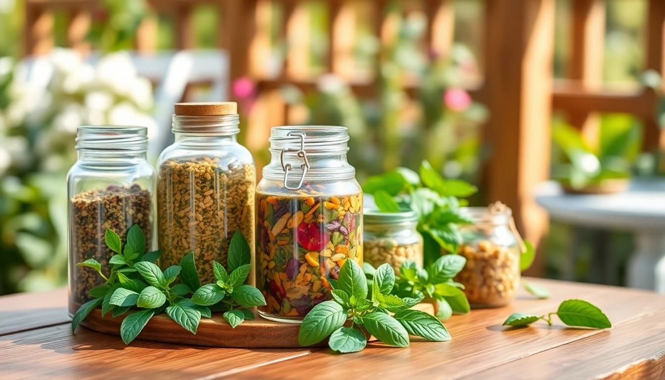 Showcase AMC Essentials wellness products styled with fresh herbs for a holistic experience.