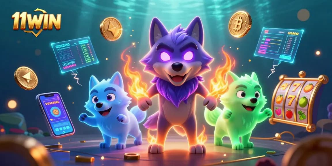 Experience 11WIN's thrilling slot games with ghostly wolves and glowing crypto elements.