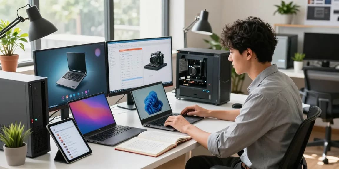 Browsing refurbished PCs and laptops in a vibrant tech workspace.