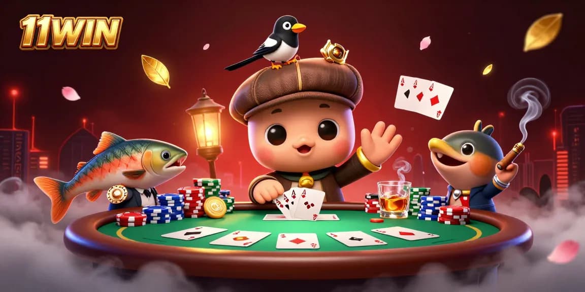 Join 11WIN for exhilarating poker action featuring adorable Nessie and vibrant casino elements.