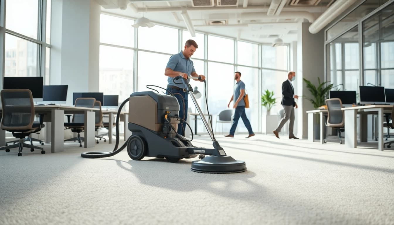 Experience professional commercial carpet cleaning service by a skilled technician in a corporate office.