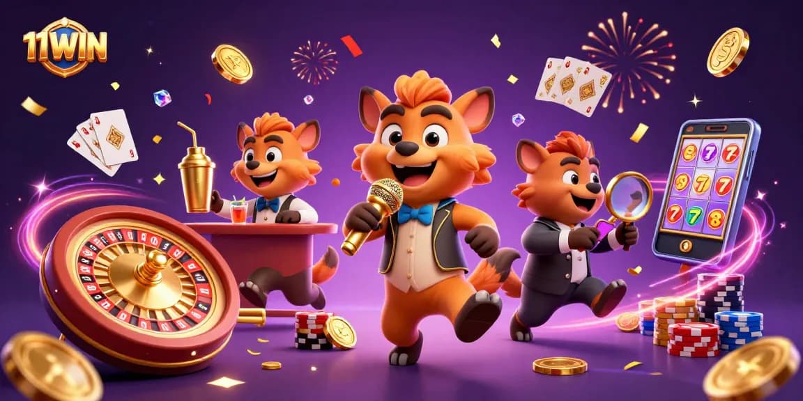 11WIN showcases an animated casino scene featuring hyenas with vibrant gaming elements in a lively atmosphere.