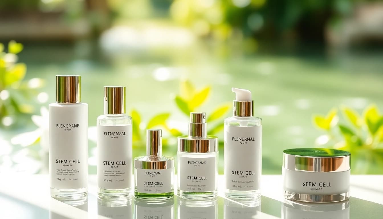 Showcase of stem cell skincare products set in a serene, calming spa environment.