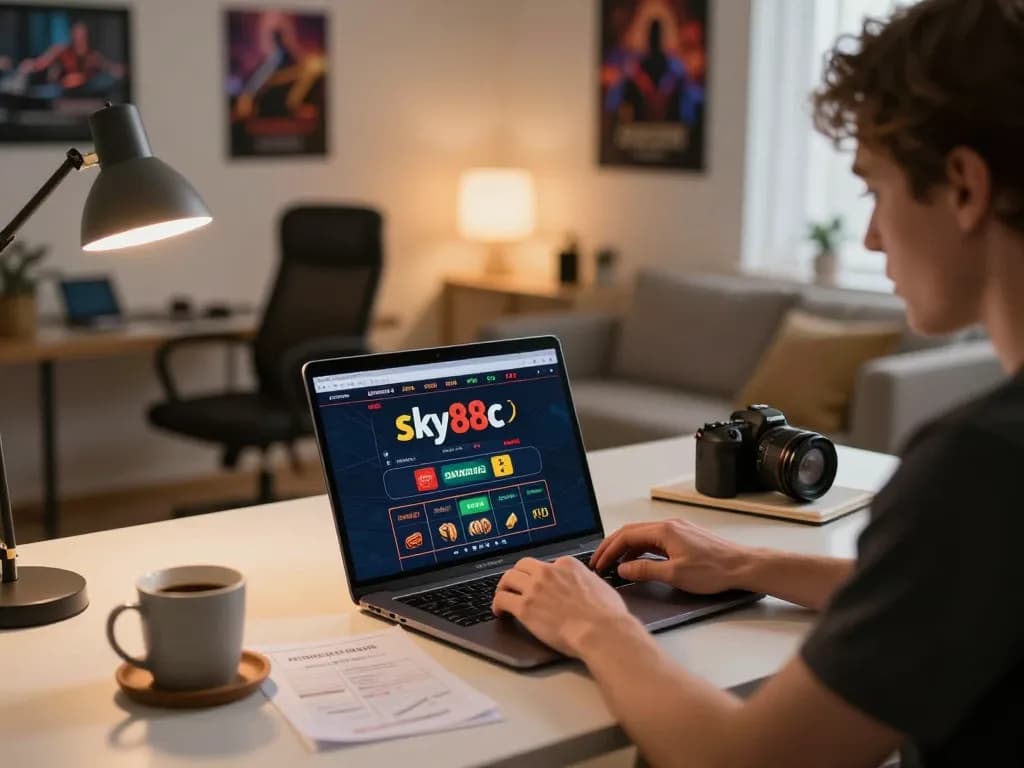 Engaging in online casino strategies with sky88c at a stylish home desk setup.