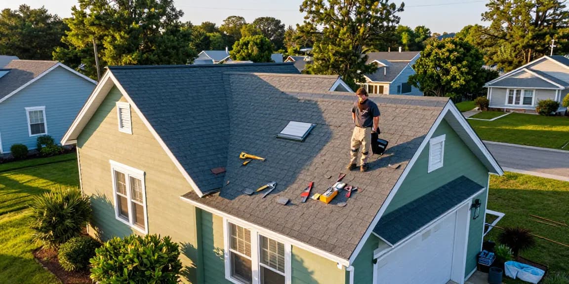Roofing Little Egg Harbor expert inspecting a newly installed roof on a residential home, showcasing quality craftsmanship and community.