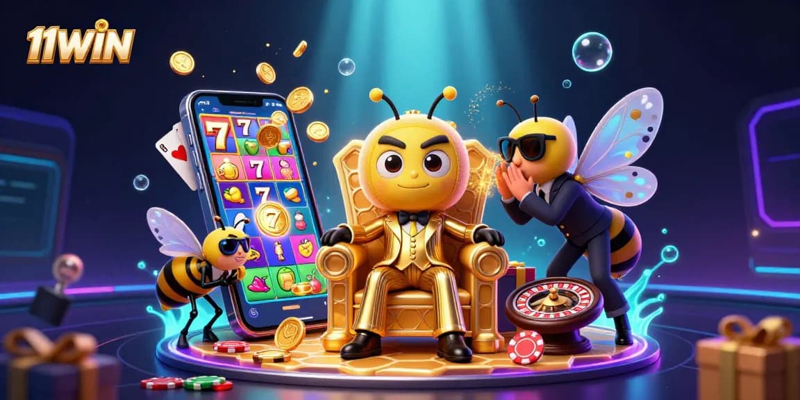 11WIN showcases a vibrant casino scene with characters and games, highlighting excitement and wealth.