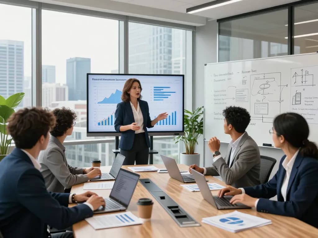 Team discussing private equity investment strategies in a modern office.