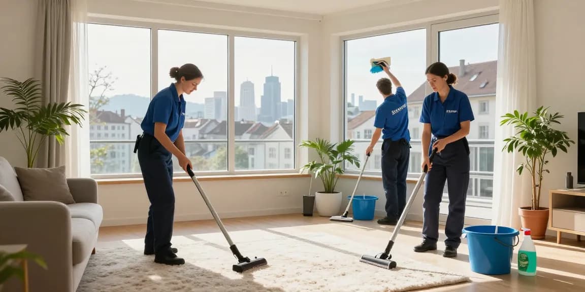 Umzugsreinigung Solothurn showing a professional team cleaning a bright residential living room with large windows and indoor plants.