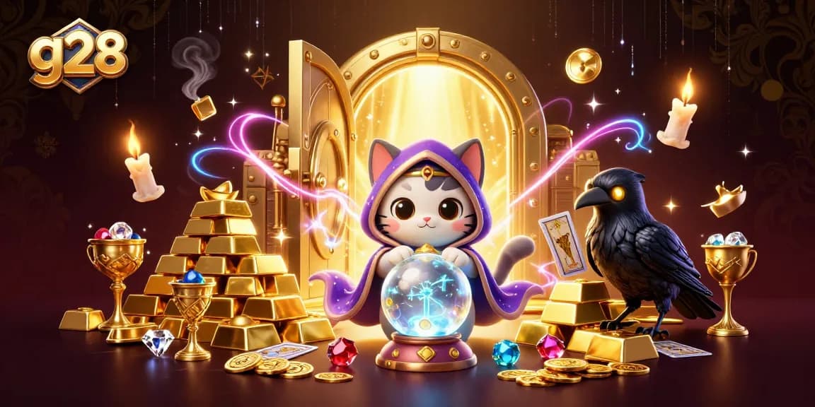 g28 offers thrilling casino vibes with a fortune teller cat, raven, and candle flames in a mystical scene