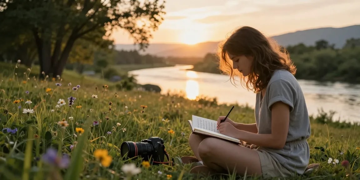 Young woman journaling mental health quotes outdoors at sunset.