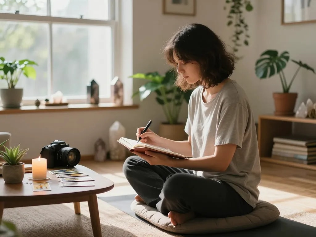 Person exploring signs of a karmic relationship in an intimate therapy space, journaling with tarot cards present.