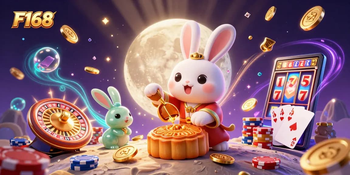 Experience F168 with a vibrant illustration of the moon rabbit and festive gaming elements.