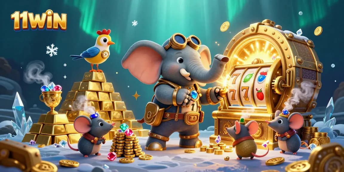 11WIN players spin the golden slot machine amidst treasures and jewels in an enchanting steampunk scene.
