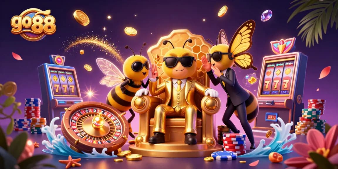 Go 88: Experience thrilling casino action with a vibrant 3D illustration of a bumblebee mob boss and lavish game elements.