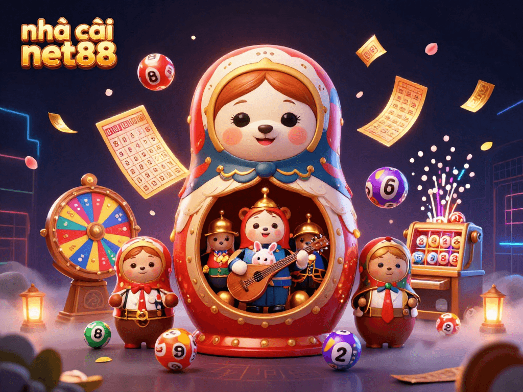 Experience excitement at nhà cái net88 with a vibrant scene of cartoon Matryoshka bears and dynamic lottery elements.