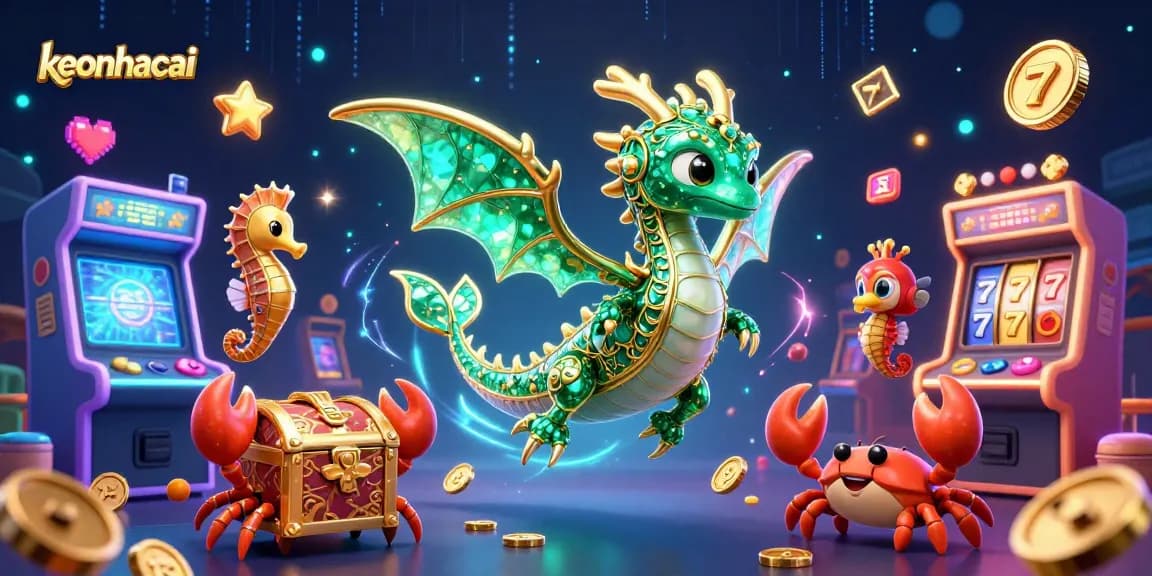 Play with keonhacai's vibrant 3D casino scene featuring a sea dragon and arcade elements.