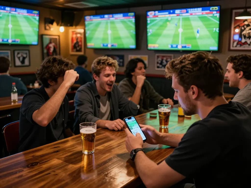 Xoilac user placing bets on smartphone amidst buzz of live football sports bar